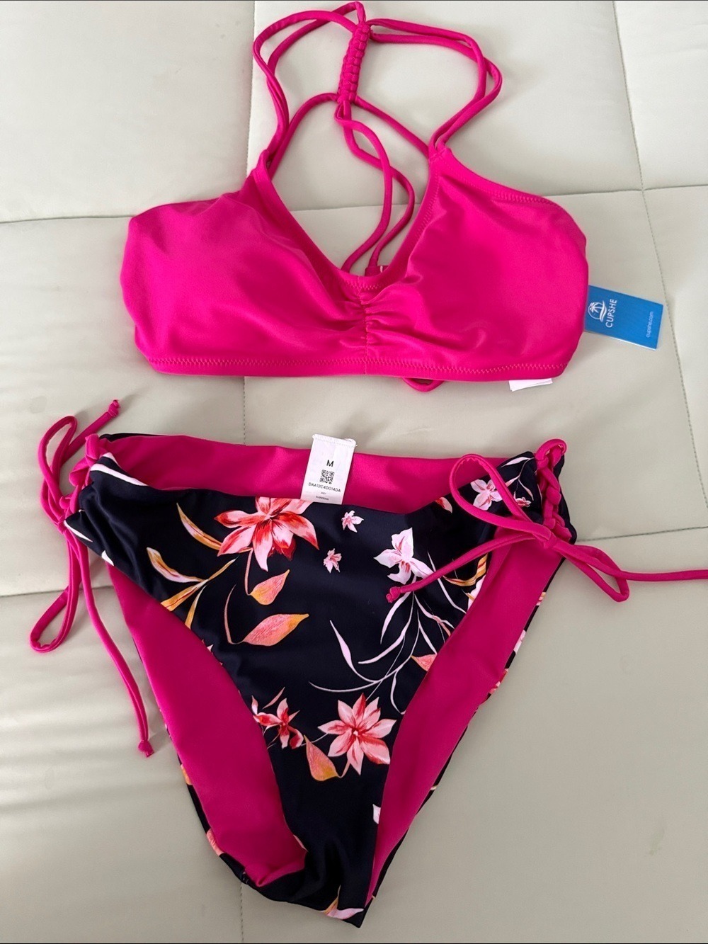 #0028 - Cupshe Hot Pink Strappy Bikini Set with Floral Print Bottom - M